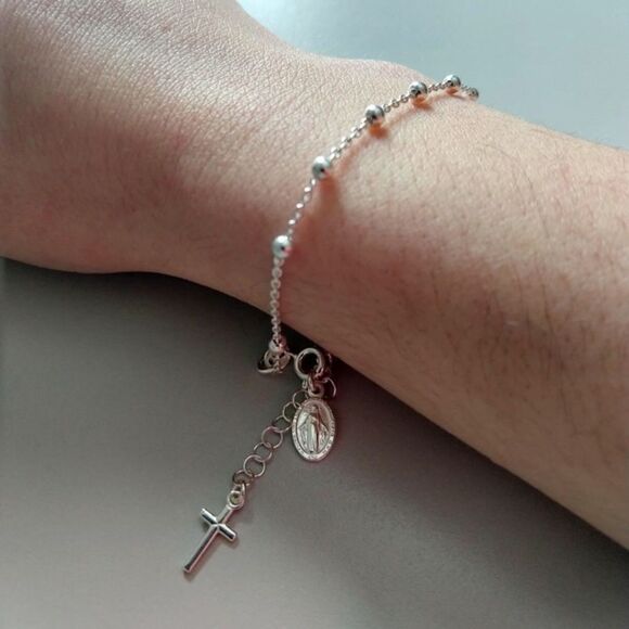 Sterling Silver Rosary Cross Chain Bracelet - Picture 2 of 6